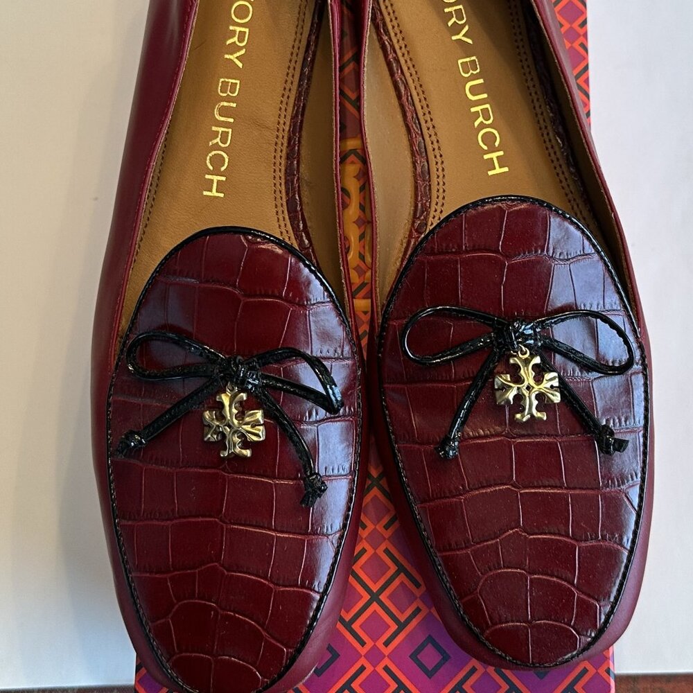 Tory Burch Croc Embossed Charm Loafers, red leather with black bow detail, 9M